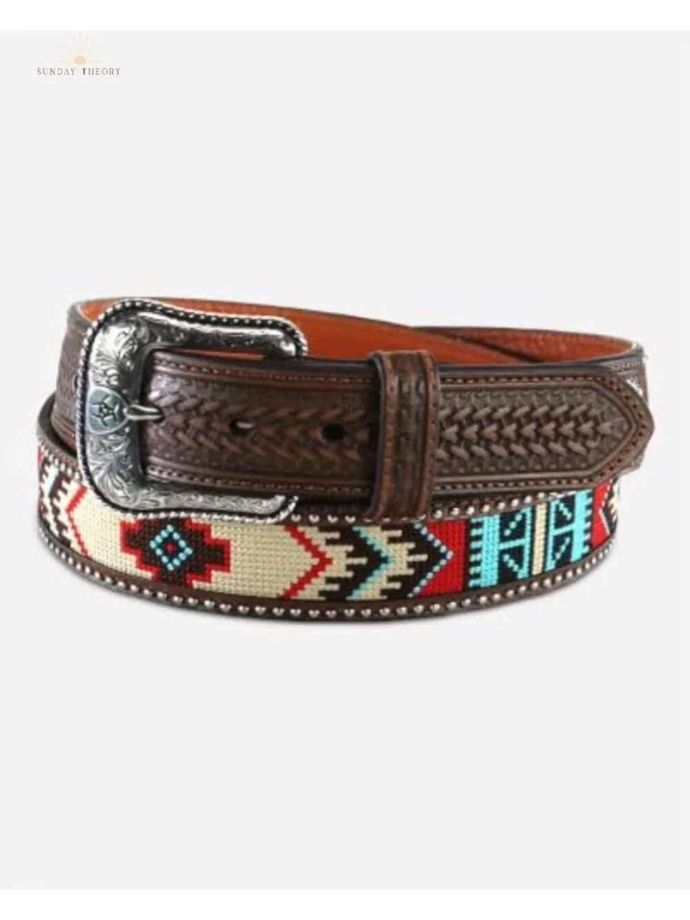 Mens Southwestern Embroidered Leather Belt with Tooled Tabs